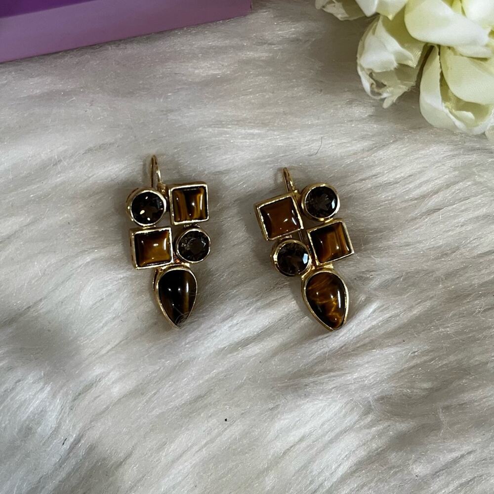 NEW Palm Beach Jewelers Tiger Eye Smoky Topaz Sterling Geo Dangle Earrings NIB